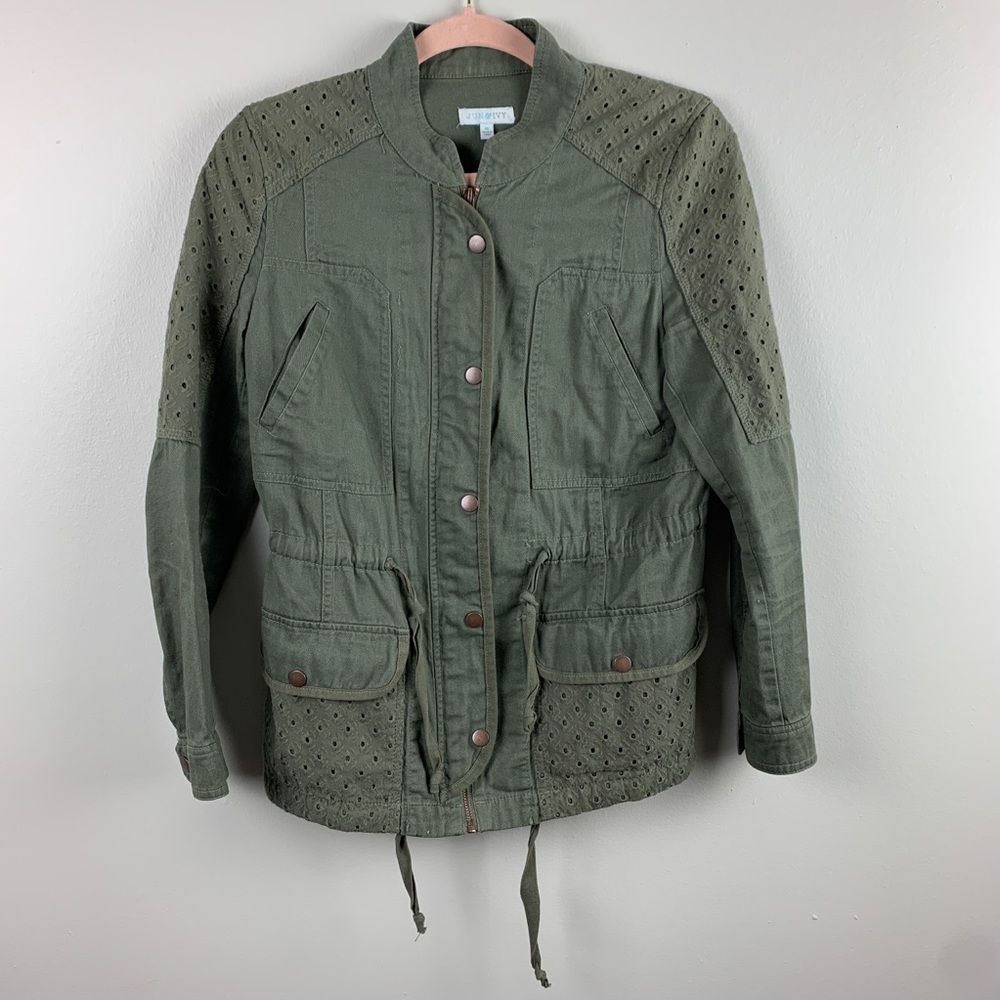 Jun & Ivy Eyelet Detail Anorak Jacket Size Medium Olive Green 100% Cotton